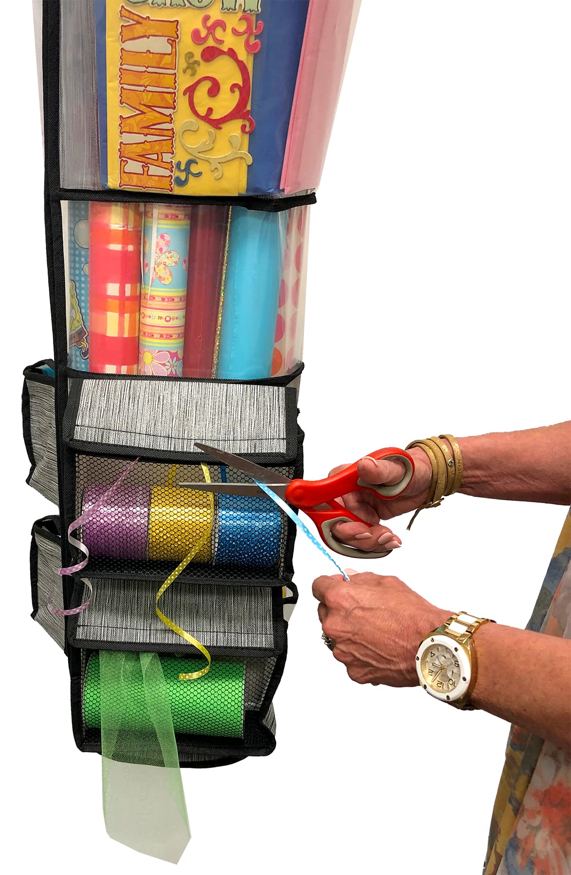 Jokari Universal Hanging Rotating Gift Wrap Storage Organizer. Hang 15 Holiday and Birthday Wrapping Paper Rolls, Bows, Ribbons, Tissue, Cards, Scissors, Tape or More in Closet off the Floor (Gray, 1) - Image 3